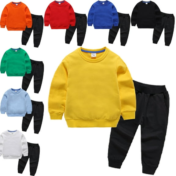 Godderr Sweatshirt Two Piece Set for 2-14 Years Old Boys Girls,Long Sleeve Sweatsuit Solid Color Pants Outfit,Fashion Cotton Two Piece Set