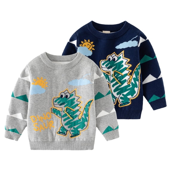 Godderr Toddler Baby Autumn Pullover Sweater for Boys Cute Cotton Crewneck Knit Sweater Cartoon Dinosaurs Knitwear Tops for 1-7 Years Old