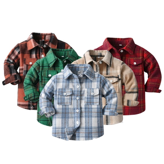 Godderr Toddler Baby Boys Girls Flannel Plaid Jacket Coat Kids Long Sleeve Lapel Button down Pocketed Shirts Fall Cardigan Clothes