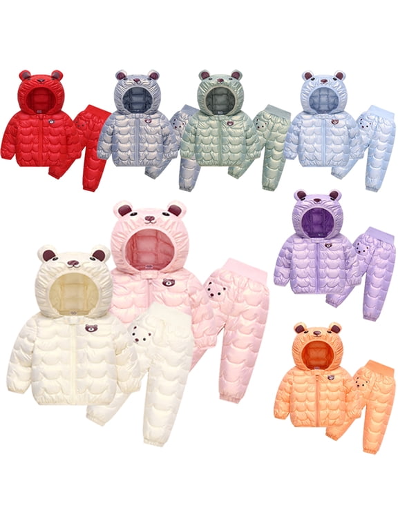 Toddler Baby Down Cotton Suit Outfits Set for Boys Girls 2-Piece Bear Ear Snowsuit with Hooded Winter Puffer Coats and Snow Pants,Size 12M-5T