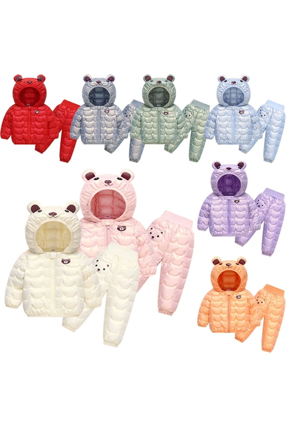 Toddler Baby Down Cotton Suit Outfits Set for Boys Girls 2-Piece Bear Ear Snowsuit with Hooded Winter Puffer Coats and Snow Pants,Size 12M-5T