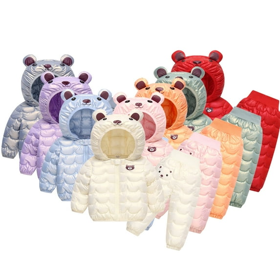 Godderr Toddler Baby Down Cotton Suit Outfits Set for Boys Girls 2-Piece Bear Ear Snowsuit with Hooded Winter Puffer Coats and Snow Pants,Size 12M-5T