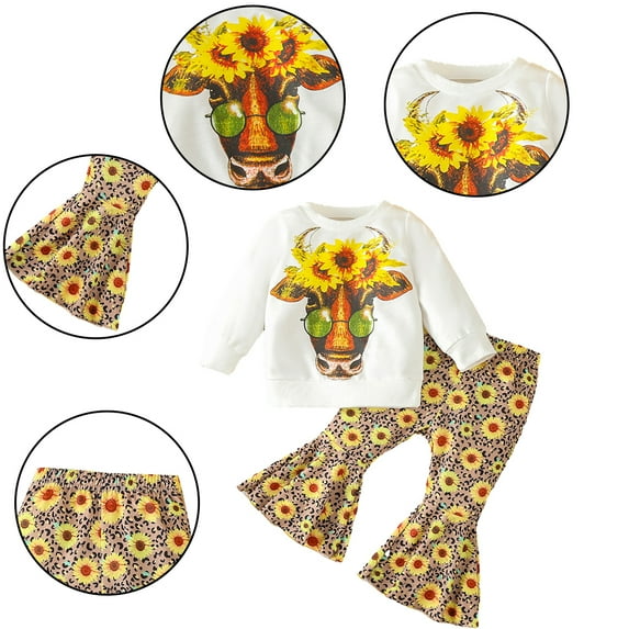 Godderr Toddler Baby Girls 2Pcs Short Sleeve T Shirt Flare Pants Set Newborn Casual Outfits Cotton Short Sleeve T Shirt + Print Bottoms Set Autumn Clothes for 6M-3Y