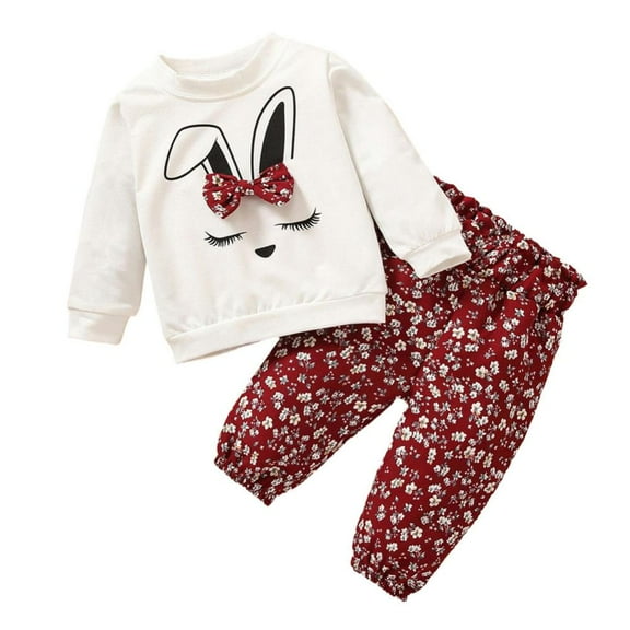 Godderr Toddler Baby Girls 2Pcs Spring Autumn Sweatshirt Set,Newborn Rabbit Bow Cartoon Crew Neck Sweatsuit+Printing Pants 2pcs Outfits