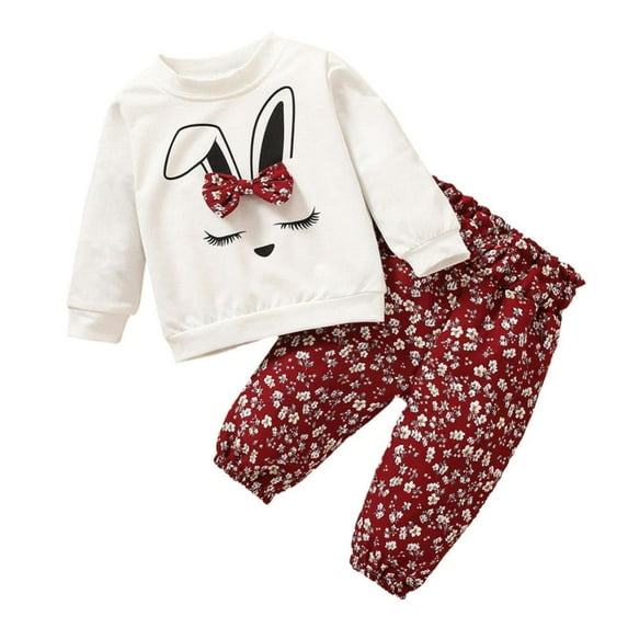Godderr Toddler Baby Girls 2Pcs Spring Autumn Sweatshirt Set,Newborn Rabbit Bow Cartoon Crew Neck Sweatsuit+Printing Pants 2pcs Outfits