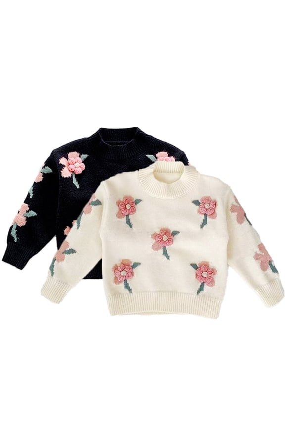 Toddler Baby Girls Crewneck Sweater for Kids Knit Sweater Top Flower Sweater Warm Fall Winter Sweet Clothes for 1-8Y