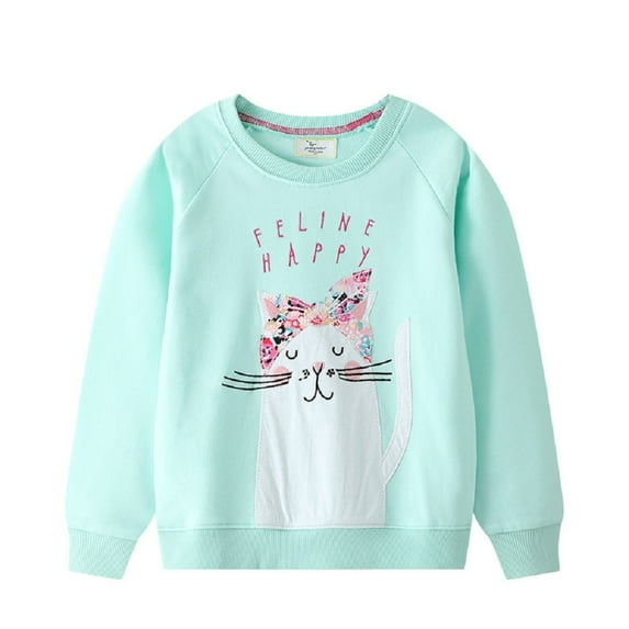 Godderr Toddler Baby Girls Long Sleeve Sweatshirt Cat Print Crewneck Green T-Shirt for Kids 2-7T Spring Autumn Sweatsuit Top