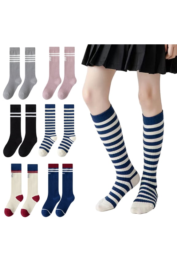 Toddler Baby Knee High Socks for Kids Girls Cotton Stripes Spring Autumn Stripes Socks for 3 Pairs 3-10Y