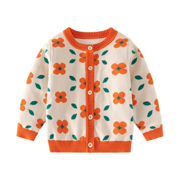 Godderr Toddler Girl Cardigan Outerwear Round Neck Long-Sleeved Floral Print Baby Cardigan Sweater