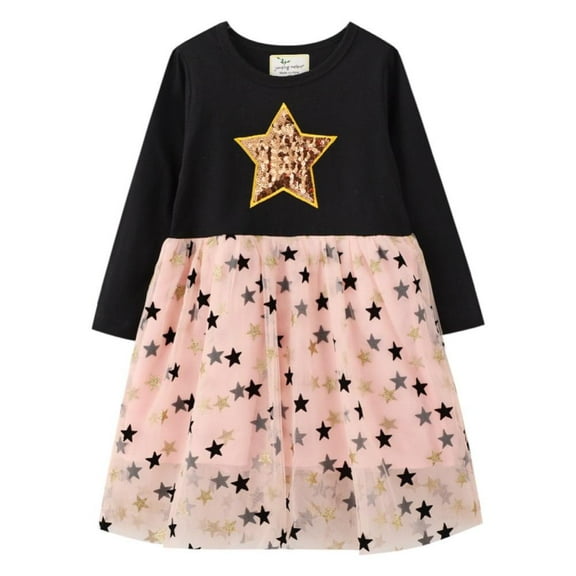 Godderr Toddler Girl Princess Dress Cotton Long-Sleeved Dresses Mesh Dresses Spelling Color Dress