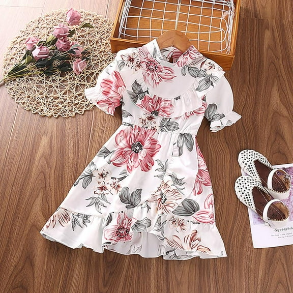 Godderr Toddler Girl Summer Dress Flower Print Dress Puff Sleeve Dress Sundress Dress 1 Piece Set for 4T-7T