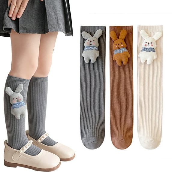 Godderr Toddler Girls Fall Knee High Socks for 3-13 Years Old Kids Cartoon Knee High Stockings with Rabbit Pattern Winter Soft Cotton Socks 2 Pairs