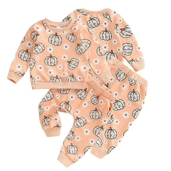 Godderr Toddler Infant Boys Girls 2Pcs Sweatsuit Sweatpants Outfit 6M-3Y Kids Long Sleeve Round Neck Pullover Sweatshirt Pants Sets Baby Printed Tracksuits Jogger Pants Sets