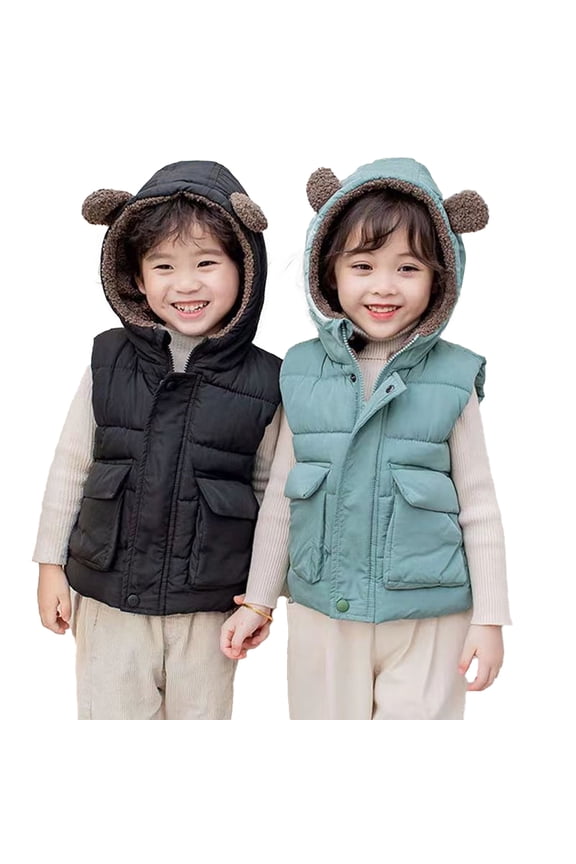 Toddler Kids Boys Girls down Vest Jacket Fleece Ear Hoodie Waistcoat Outwear,Baby Zipper Vest Coat with Pocket for 1-7Y