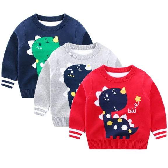 Godderr Toddler Kids Boys Pullover Sweaters Baby Knitted Sweater Round Neck Sweaters, Long Dinosaur Print Loose Knitted Pullovers for 1-7 Years