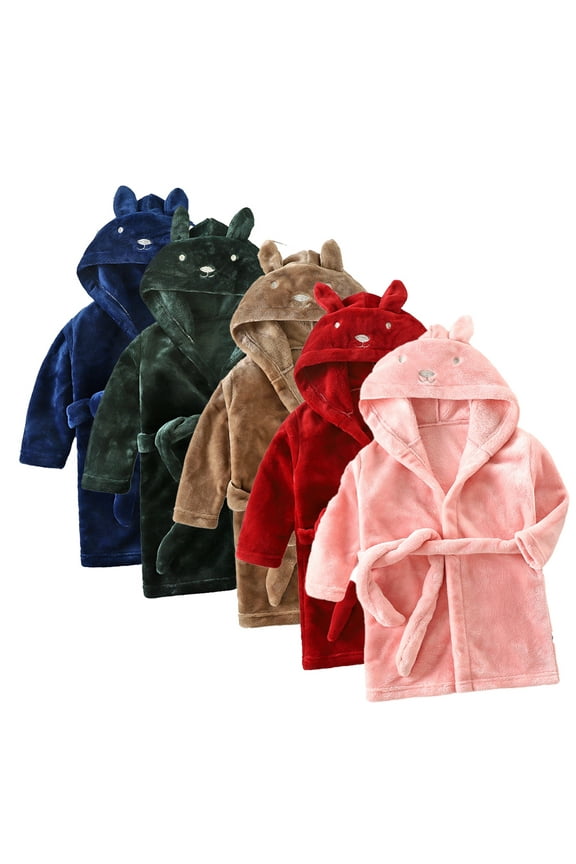 1-7Y Girls Cute Hooded Bathrobe,Fuzzy Fleece Bath Towel with Belt and Rabbit Ears Toddler Printed Skin-Friendly Soft Cotton Bathrobe
