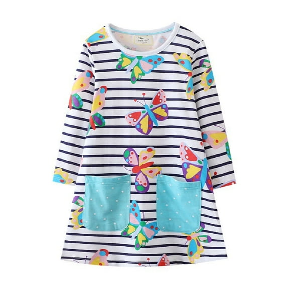 Godderr Toddler Kids Girl Dress for 2-7 Years Old Baby Striped Casual Dress Cotton Long Sleeve Printed Autumn Princess Dresses