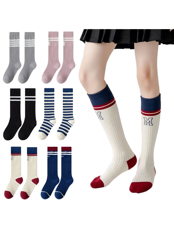 Toddler Kids Girls Cotton Stockings Long Socks,2 Pairs of Cotton Calf Socks Solid Color Striped Letters for 3-12 Years Old