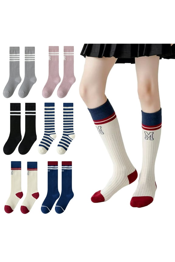 Toddler Kids Girls Cotton Stockings Long Socks,2 Pairs of Cotton Calf Socks Solid Color Striped Letters for 3-12 Years Old