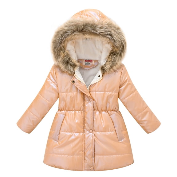 Godderr Toddler Kids Girls Winter Jacket Kids Hooded with Warm Fleece Fur Lining Solid Color Outwear Snowsuit 3-10 Years