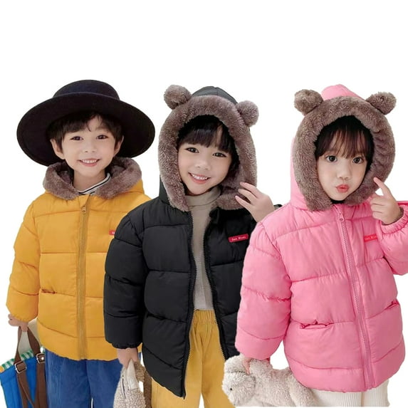 Godderr Toddler Kids Lambswool Cotton Jackets Boys Girls Ears Hooded Cotton Coat Elastic Cuffs Winter Tops Thickened Fleece Warm Outerwear for 1-7 Years