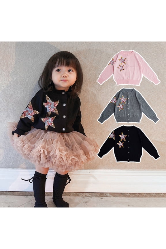 Toddler Kids Spring Fall Cardigan Sweater Sweet Princess Knit Sweater Knitwear,Knitted Jackets with Star and Buttons 2-8Y Solid Color Cute Coats Jackets for Girls
