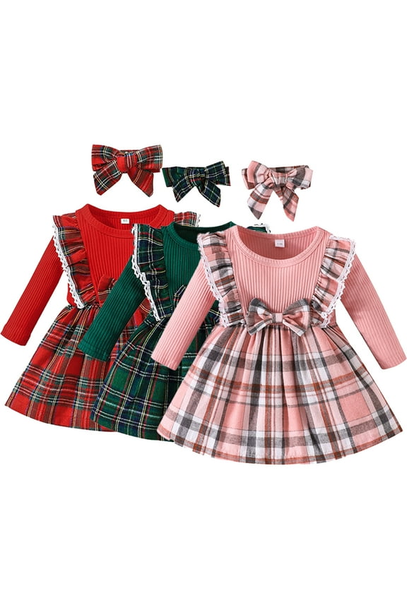 Toddler Baby Girls Christmas Dress Ruffle Long Sleeve Buffalo Check Plaid Tutu Lace Newborn Dress Kids Fall Winter Princess Dress,Sizes 3M-3Y