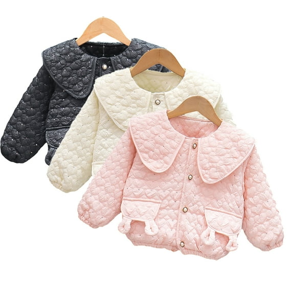 Godderr Toddlers Baby Girls Fall Winter Coat Lapel Button Doll Collar Cotton Jacket Kids Short Cotton Outerwear for 1-5Y