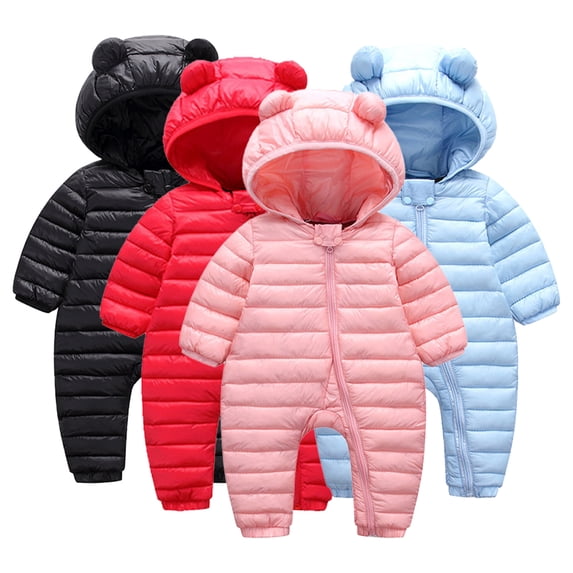 GodderrNewborn Baby Ears Hooded Puffer Jumpsuit Infant Toddler DownSnowsuit Winter Warm Romper Boys Girls Solid Color Bodysuit Pajamas 0-24M