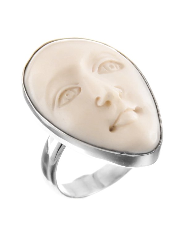 Goddess Face Hand Carving Bison Bone 925 Sterling Silver Adjustable Ring