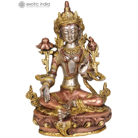 8" Tibetan Buddhist Goddess Green Tara In Brass | Handmade | Made In India