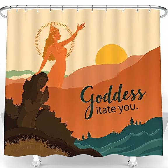 Goddess Inspired Sunset Shower Curtain with Mountain and Wave Design - Vibrant Art for Tranquil Spaces