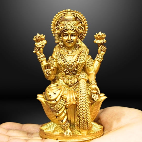 Goddess Lakshmi Laxmi Devi MATA Idol - 4.5 Inches Polystone Material Murti - Colour - Brass, Silver Perfect Statue for Car Dashboard, Home, and Office Decor Indian God Small Size (Brass)