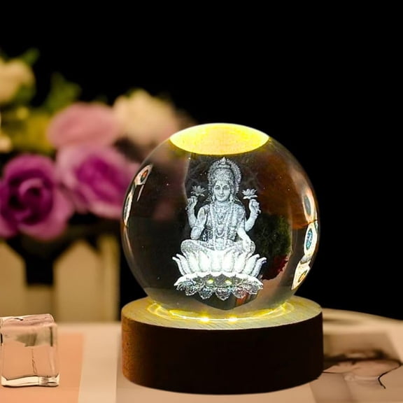 Goddess Laxmi Ji Crystal Ball Night Light, Glass Ball Night LED Lamp - 2.4 Inch | Wooden Base Perfect For Gift | Corded Electric Table Night Light | Soothing LED Glow, Thoughtful Gifting