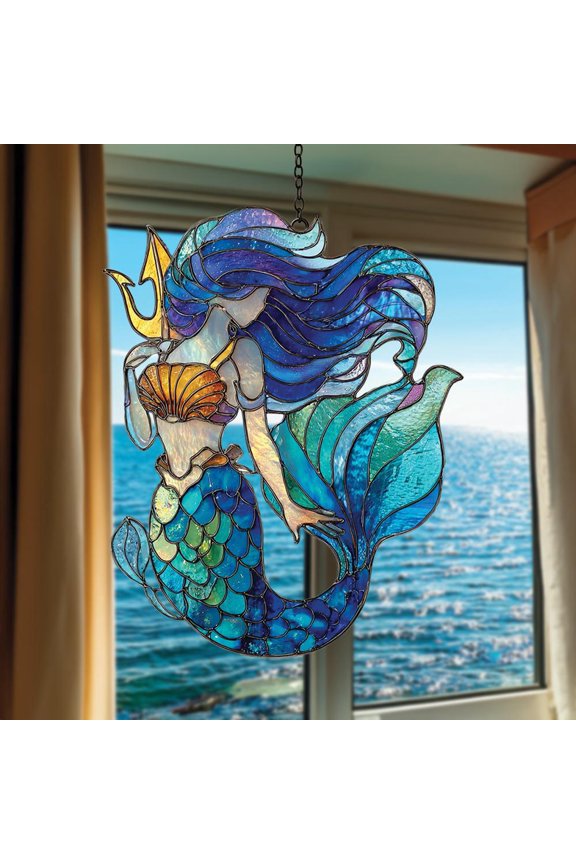 Goddess Mermaid Acrylic Window Hanging, Mermaid Faux Stained Glass Suncatcher, Beach House Nautical Gift Idea for Ocean Lover