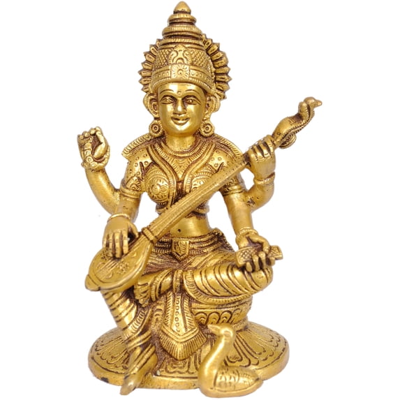 6" Goddess Saraswati Brass Idol | Divine Learning Deity | Handmade Hindu Statue