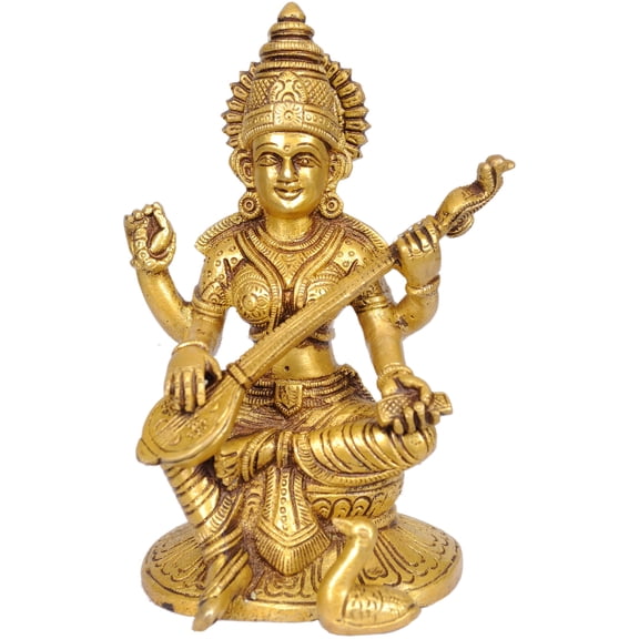 6" Goddess Saraswati Brass Idol | Divine Learning Deity | Handmade Hindu Statue