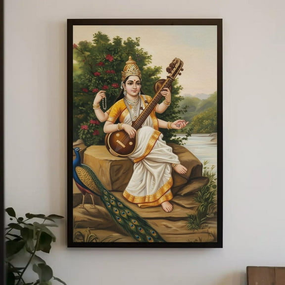 Goddess Saraswati Canvas Print – Raja Ravi Varma Hindu Wall Art, Saraswati Devi With Veena And Peacock For Meditation Decor Antarmada Remake, Unframed Poster Size 16x24