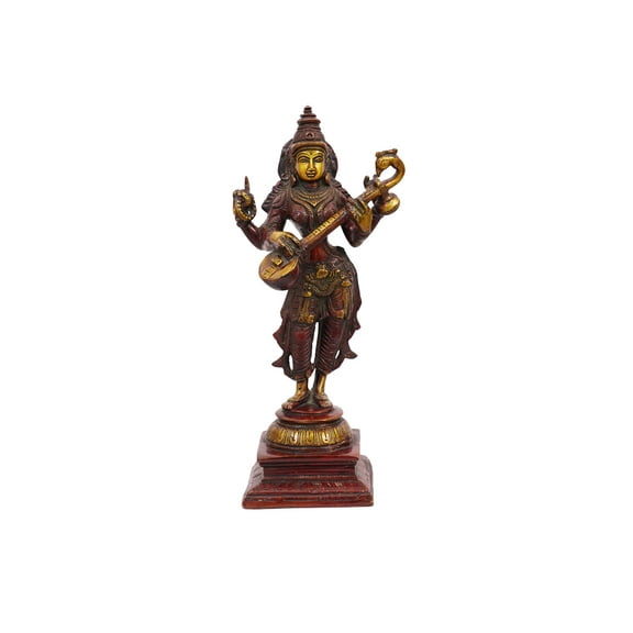 Goddess Saraswati Murti Brass Material for Puja, Home, Decor, Showpiece, Mandirs, Office, Gifts by Pooja Bazar 4 X 11 X 4 In