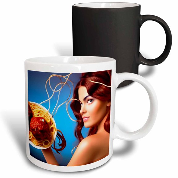3drose, Goddess with a Plate of Spagetti and Meatballs, 11oz Magic Transforming Mug
