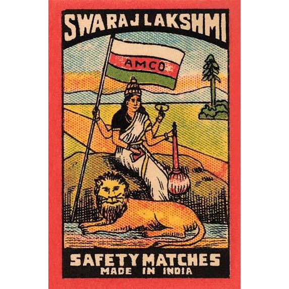 A Goddess sits by the banks of a river with a flag above her and a lion at her feet as a design for a matchbox label. Poster Print by unknown (24 x 36)