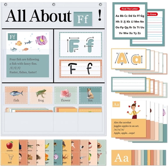 Godery Alphabet Learning Pocket Chart,Alphabet Wall Chart ABC Flash Cards Learning Games, Handwriting Practice Letter Tracing for Chart Preschool Classroom Homes, White