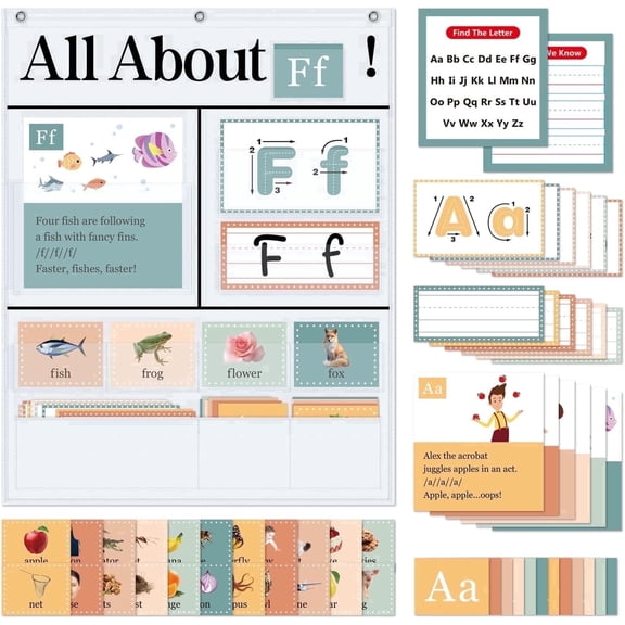 Alphabet Learning Pocket Chart – Interactive Alphabet Wall Chart with ABC Flash Cards, Phonics Songs & Picture Vocabulary, Early Literacy Letter Recognition Tool for Preschool & Home Learning