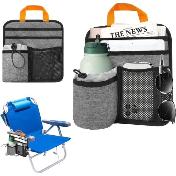 Godery Beach Chair Cup Holder Attachment with Insulated Sleeve & 5 Pockets for Lawn Chairs, Camping, Stadium