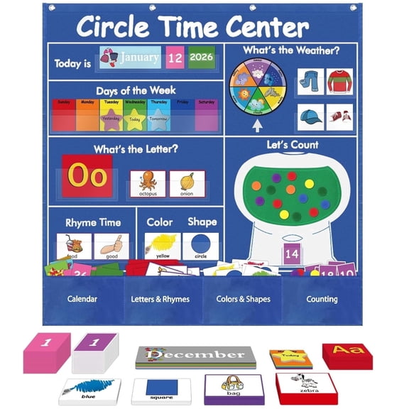 ABCKEY Circle Time Learning Center Pocket Chart, Educational Pocket Chart Learning Calendar Weather Letter Counting Rhyme Color Shape Blue