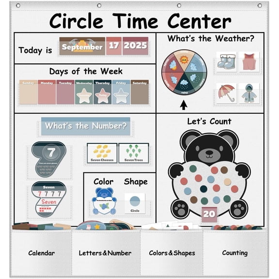 Godery Circle Time Learning Center Pocket Chart for Classroom, Alphabet & Number Flash Cards, Learning Weather Counting Color Shape Write ABC Letter Tracing Writing Practice Games for Kids White