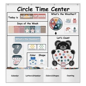 Godery Circle Time Learning Center Pocket Chart, 42"×39.7" Wall‑Mounted Calendar Weather Pocket Chart with Erasable Flashcards, Back‑to‑School Classroom Supply for Preschool Kindergarten Homeschool