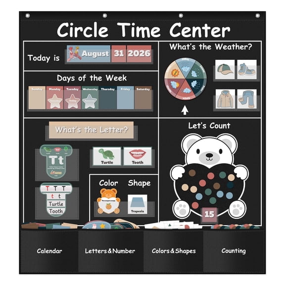 Godery Circle Time Learning Center Pocket Chart with Dry Erase Alphabet & Number Flash Cards Learn Weather, Count, Color & Shape for Home and School