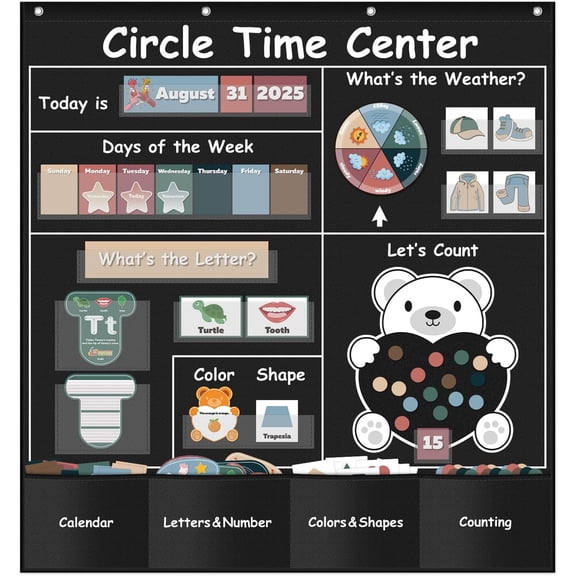 Godery Circle Time Learning Center Pocket Chart for Classroom, Alphabet & Number Flash Cards, Learning Weather Counting Color Shape Write ABC Letter Tracing Writing Practice Games for Kids