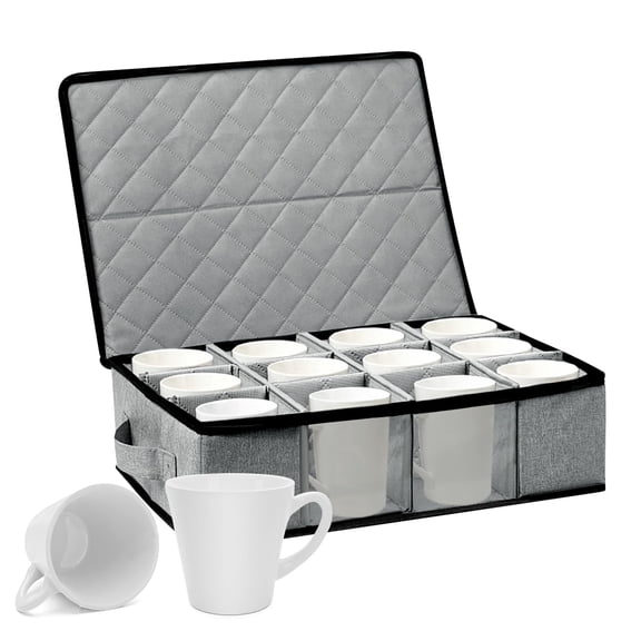 Godery Mug Storage Container, 12 Compartments China Cup Storage Box with Hard Shell and Dividers Foldable Dustproof for Coffee, Tea Cups